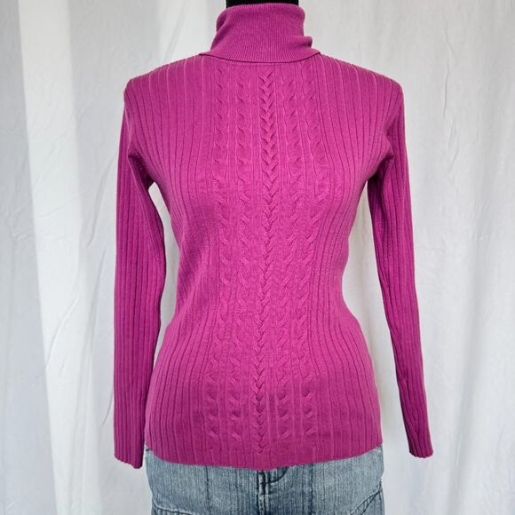 2000s Fuchsia Cableknit Turtleneck Sweater \ Y2K Sweater - Picture 2 of 6